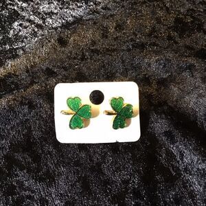 Green Enamel Sparkle Shamrock Clover Post Pierced Earrings New Old Stock